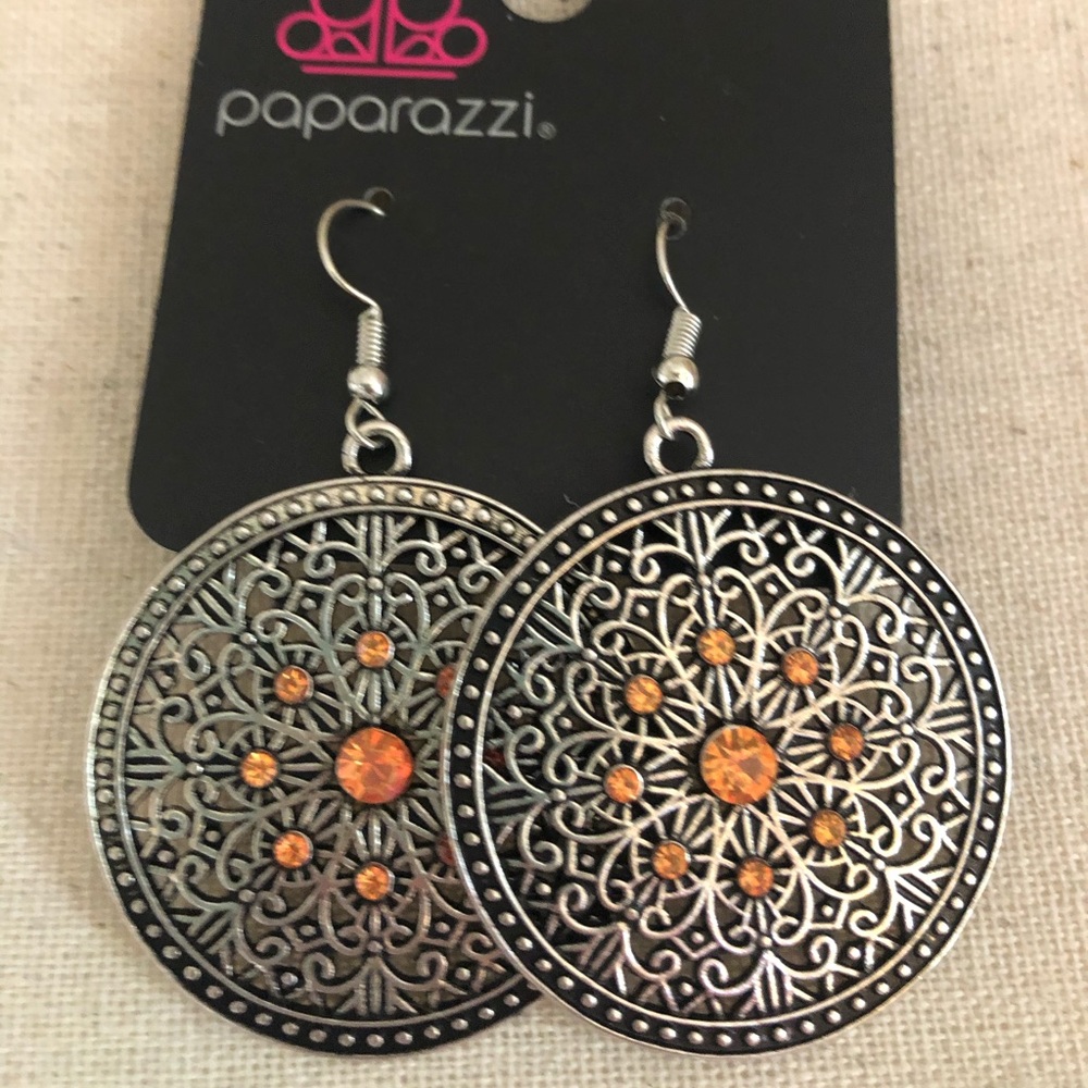 Boho round medallion earrings w/ orange accents